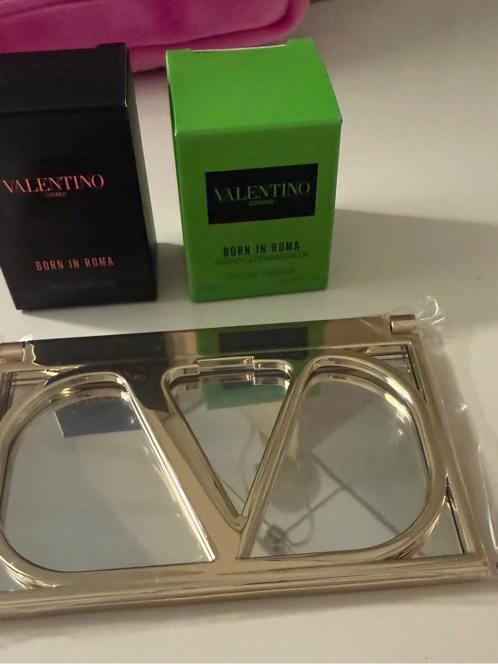 Valentino Pink Velvet V Logo Cosmetic Pouch with Valentino mirror and minis